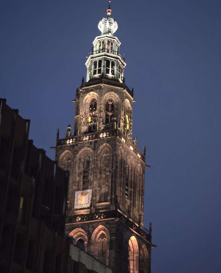 Netherlands tower at night at Groningen Forum